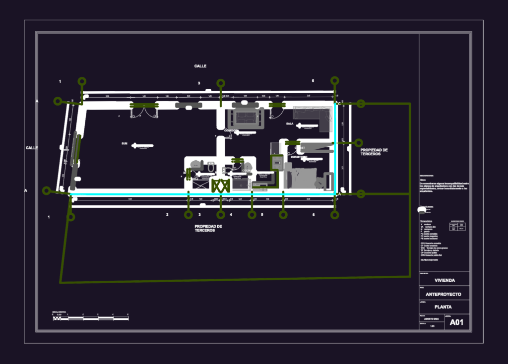 2D architectural floor plan of a small residential house with living room, bedroom, and dining area annotations.