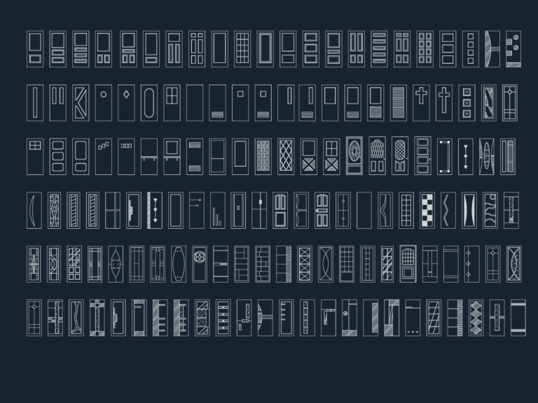 Elevation drawings of 138 residential exterior door CAD blocks featuring various panel and decorative glass designs.