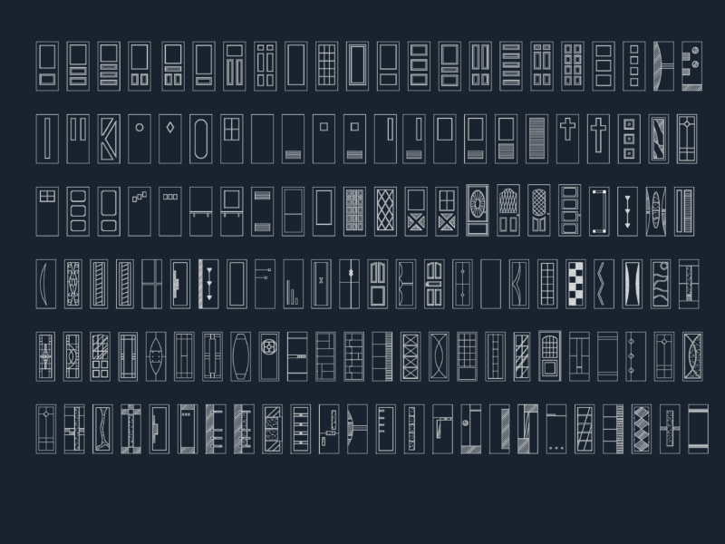 Collection of 138 residential exterior door blocks in elevation