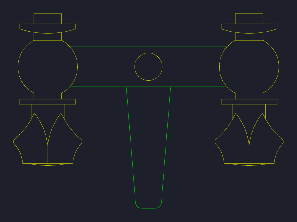 Plan view CAD block of a double-handle bathroom sink mixer tap with ornamental handles.