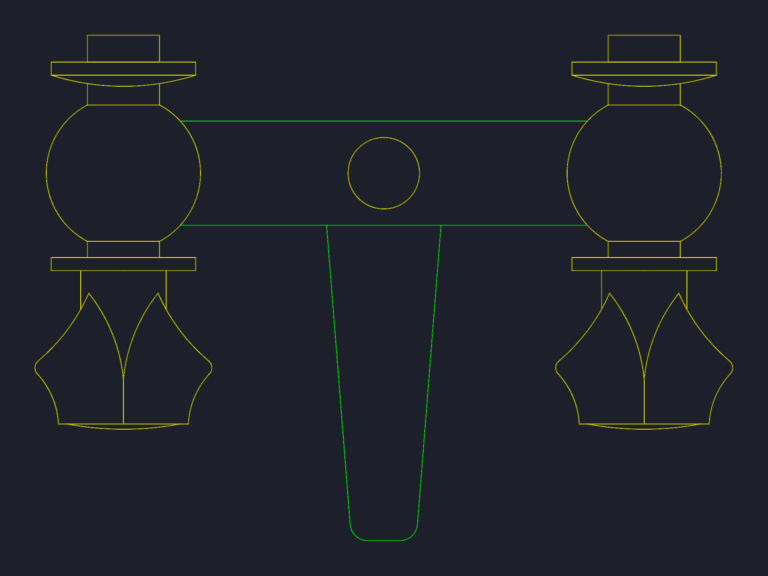 Plan view CAD block of a double-handle bathroom sink mixer tap with ornamental handles.