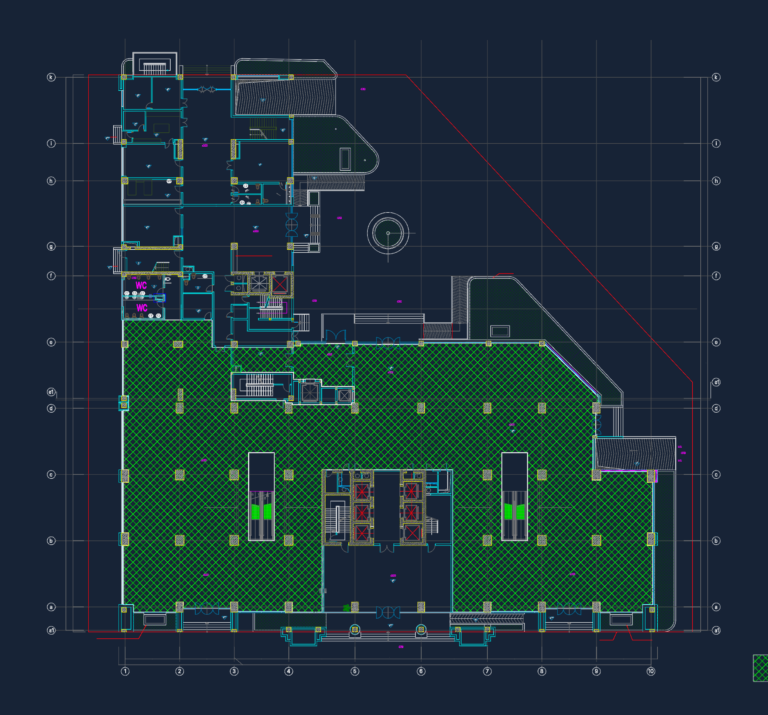 Architectural CAD floor plan for Viwaseen Tower retail levels with structural grid, elevator cores, and area hatching.