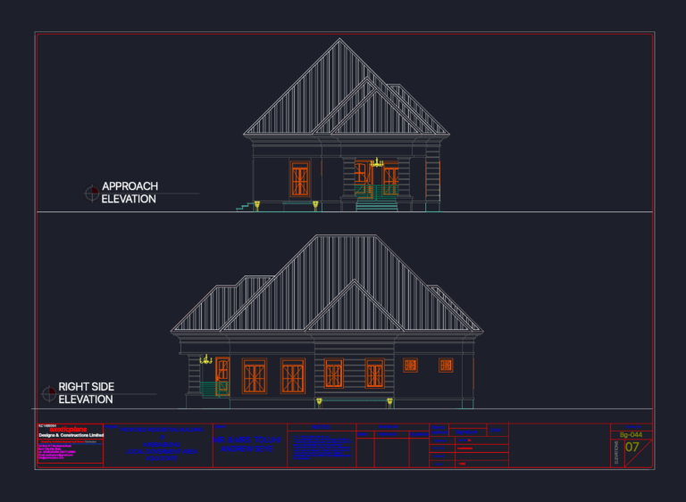 Architectural CAD drawing showing the approach and right side elevations of a residential house project.