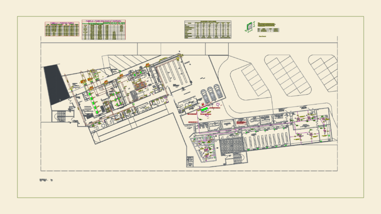 HVAC and ventilation ducting plan for a medical laundry basement with equipment schedules and technical tables.