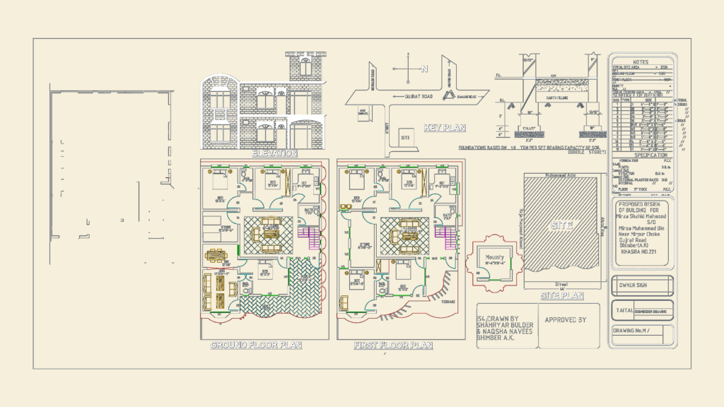 Architectural CAD sheet with ground and first floor plans, front elevation, site plan, and technical house specifications.