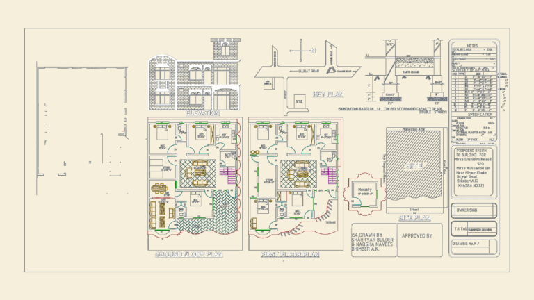 Architectural CAD sheet with ground and first floor plans, front elevation, site plan, and technical house specifications.