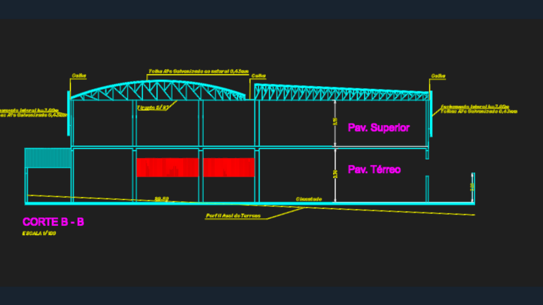 CAD cross-section of an industrial warehouse showing ground floor, mezzanine level, and curved steel roof truss details.