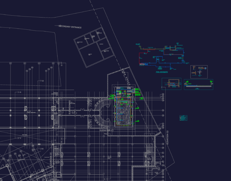 CAD floor plan of a hotel swimming pool with MEP schematic, pump room cross-sections, and sand filter details.