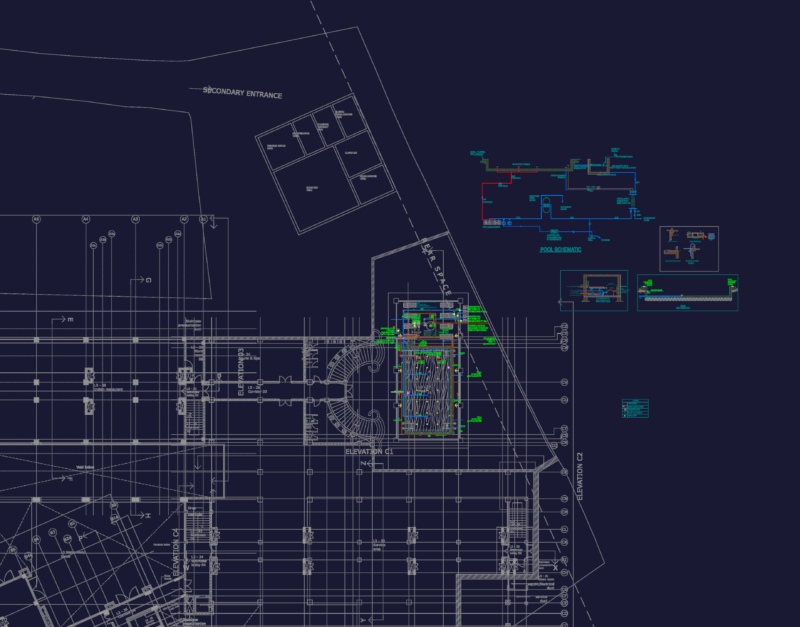 Swimming Pool Layout Schematic and Pump Room Detail