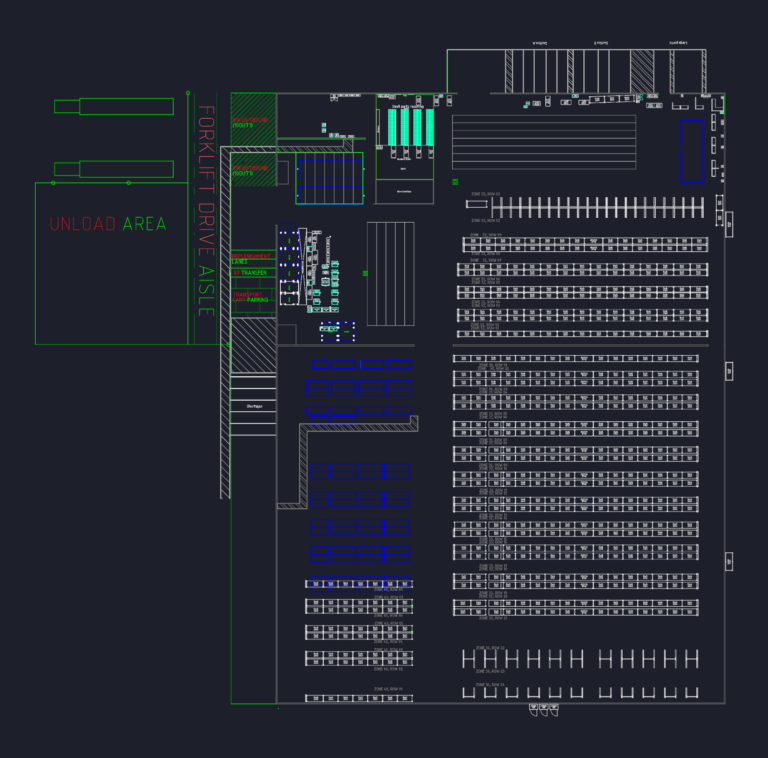 Warehouse floor plan showing industrial racking zones, forklift aisles, unload area, and automated storage modules.