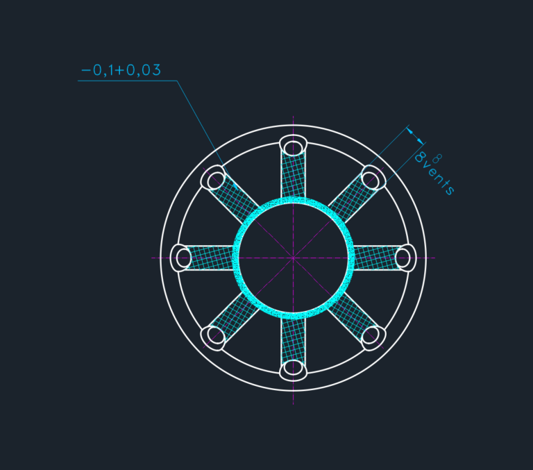 Top-down CAD view of a circular cast iron mold component showing 8 radial vents and technical dimensions.