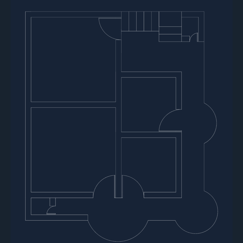 Simple small house floor plan with staircase and rounded walls