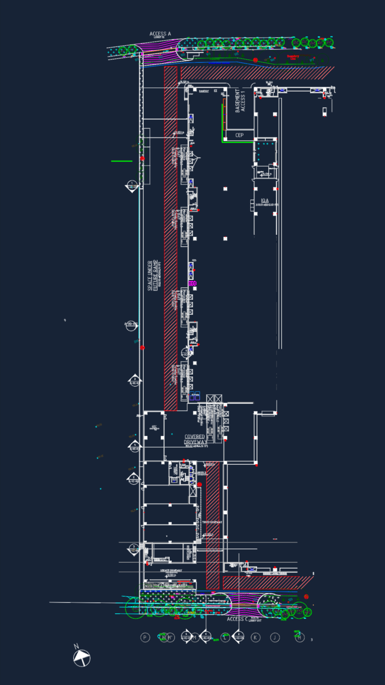 CAD floor plan of a Singapore industrial warehouse featuring loading bays, truck driveways, gas yard, and landscape buffers.