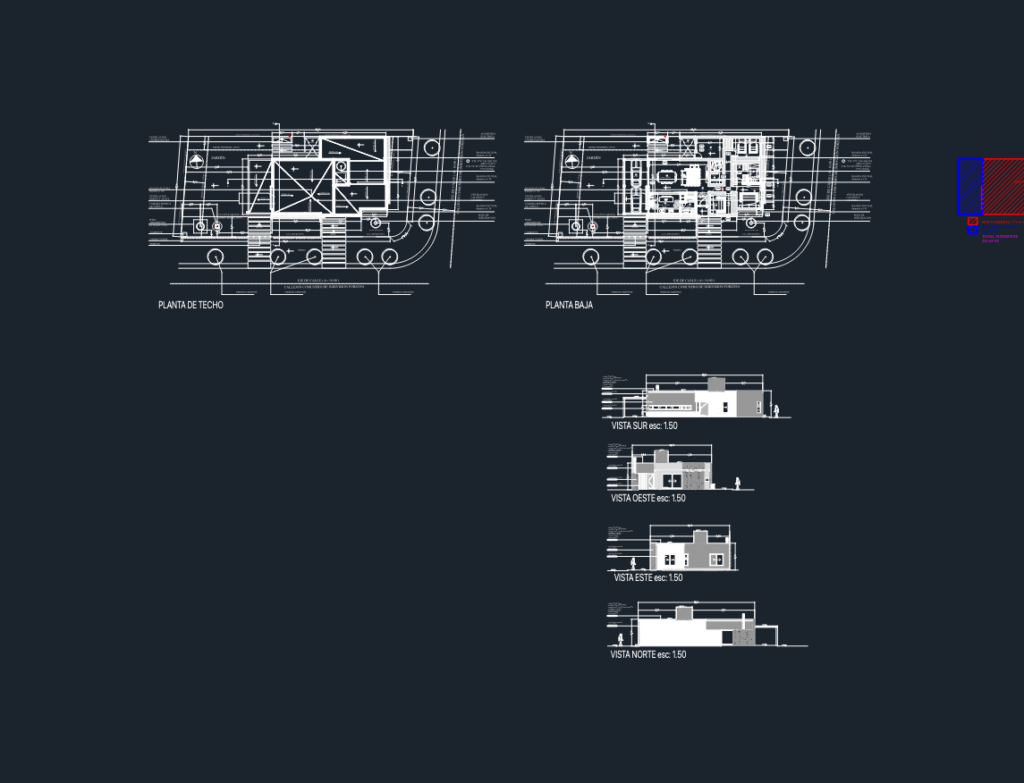 CAD architectural drawings for a house including ground floor plan, roof plan, and four exterior elevations at 1:50 scale.