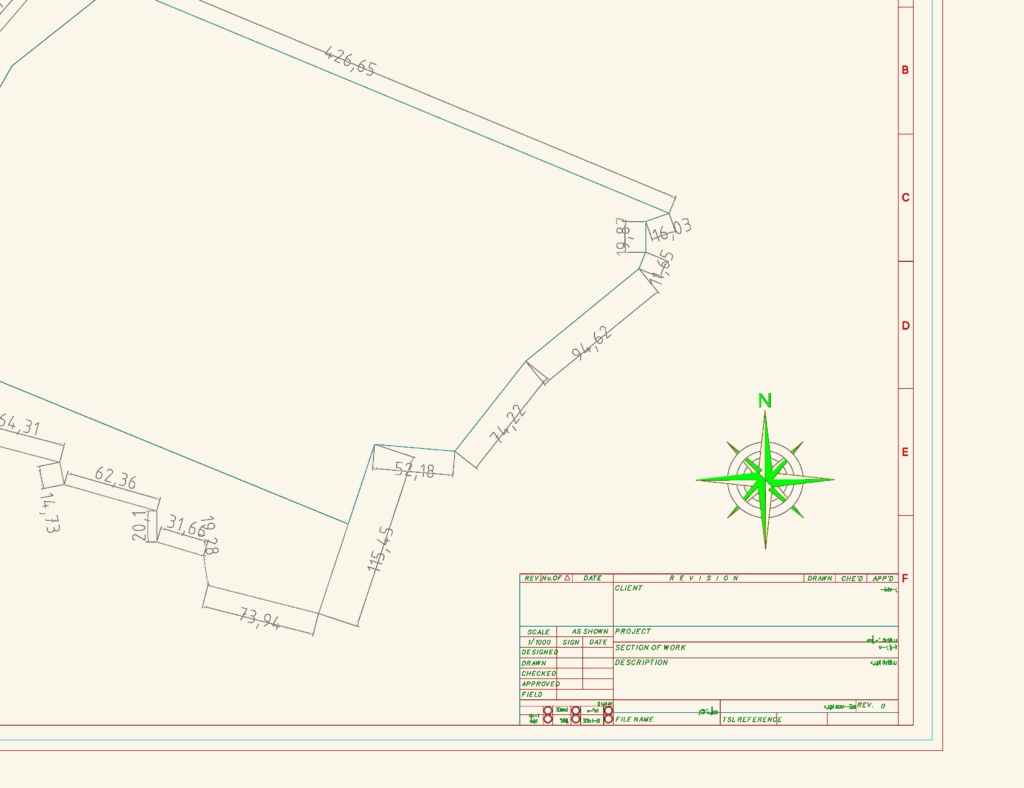 CAD drawing of a site boundary plot plan with survey dimensions, north arrow, and metric title block at 1/1000 scale.