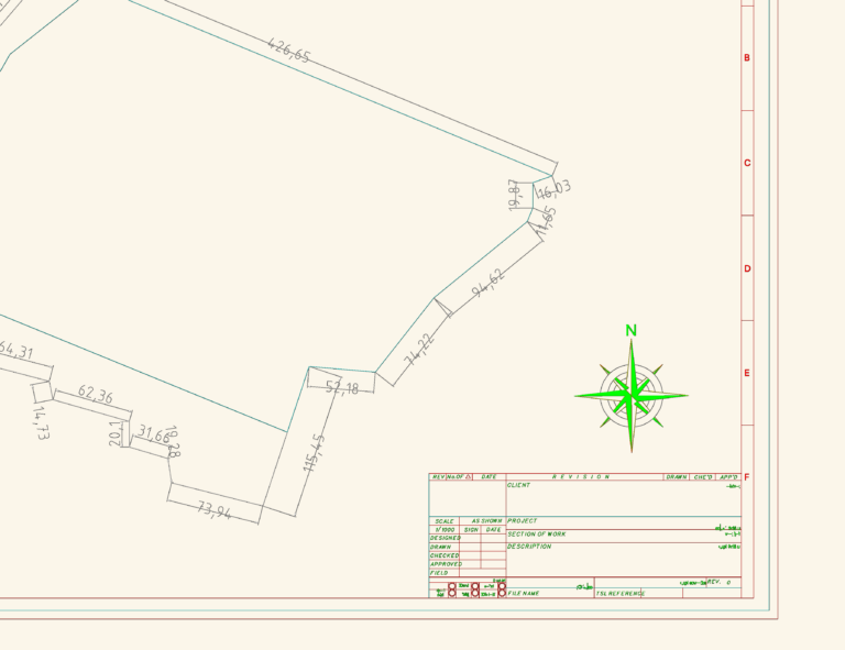 CAD drawing of a site boundary plot plan with survey dimensions, north arrow, and metric title block at 1/1000 scale.