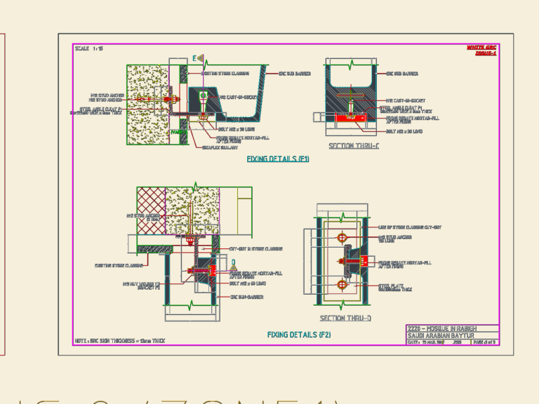 Technical sections and fixing details for GRC cladding installation, showing steel cleats and stud anchors.