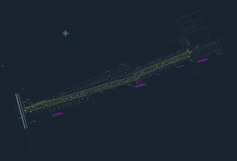 CAD site layout for urban alley improvement including borehole locations, road centerline, and sidewalk boundaries.