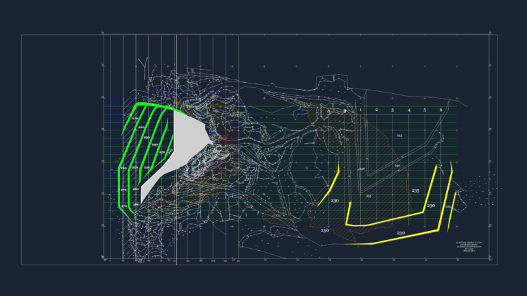 CAD topographical site plan of Crveno Brdo open-pit mine with excavation lines, contours, and survey points.