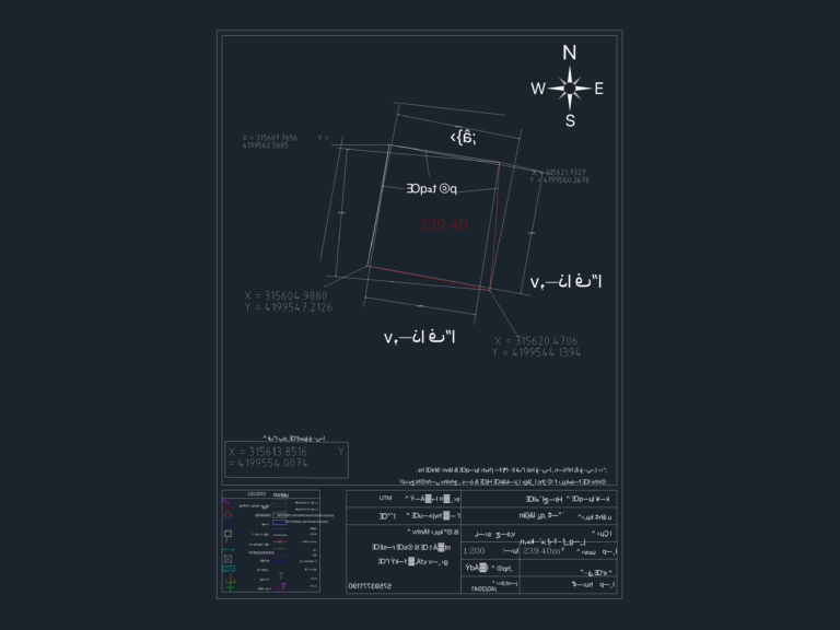 Site survey plan of a 239.40m2 land plot showing UTM coordinates, boundary markers, and north arrow.