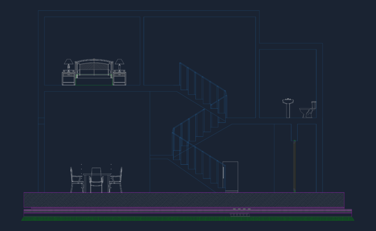 Architectural cross section of a 2 story house showing stairs, bedroom furniture, and bathroom fixtures.