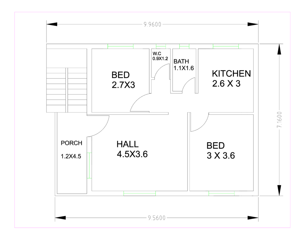 2D floor plan of a 2BHK house showing dimensions for bedrooms, hall, kitchen, and porch in meters.