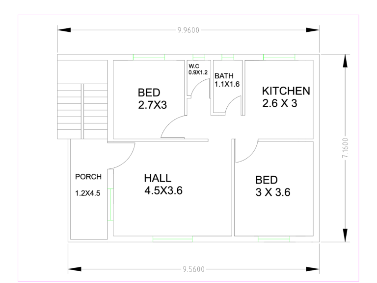 2D floor plan of a 2BHK house showing dimensions for bedrooms, hall, kitchen, and porch in meters.