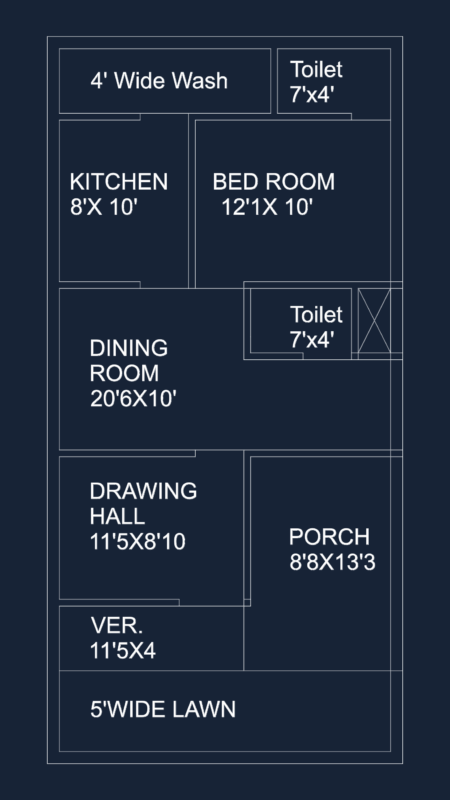 Small Residential 1BHK Floor Plan DWG with Lawn and Porch Details