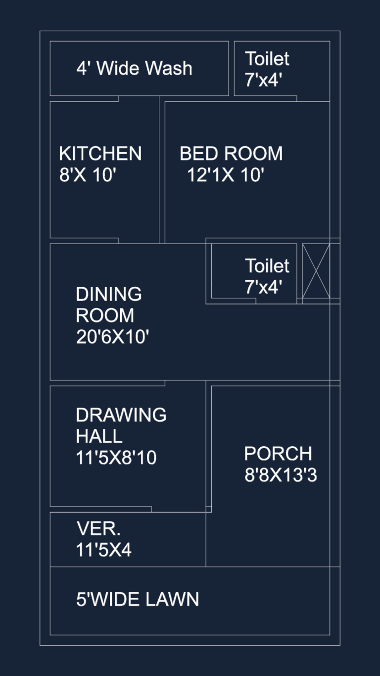 CAD floor plan for a 1BHK residence showing room dimensions, porch, veranda, front lawn, and rear wash area.
