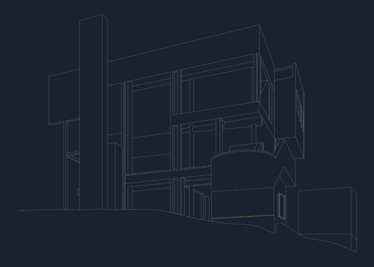 CAD wireframe perspective drawing of the modernist Smith House residence.