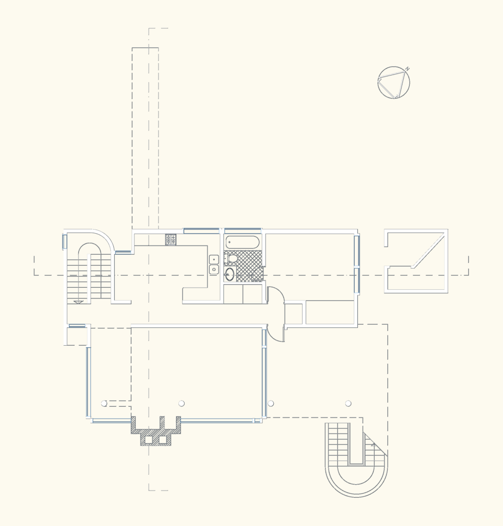 Architectural floor plan of the Smith House lower level including kitchen, bathroom, bedroom, and outdoor porch area.