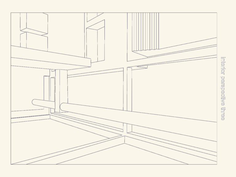 Interior perspective line drawing of Richard Meier's Smith House showing the multi-story living room and structural grid.