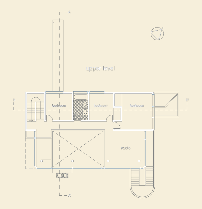 Upper level architectural floor plan for the Smith House showing three bedrooms, a studio, and bathroom layout.