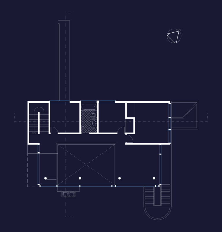 Architectural upper level floor plan of the Smith House showing bedroom, bathroom, studio area, and stairs.