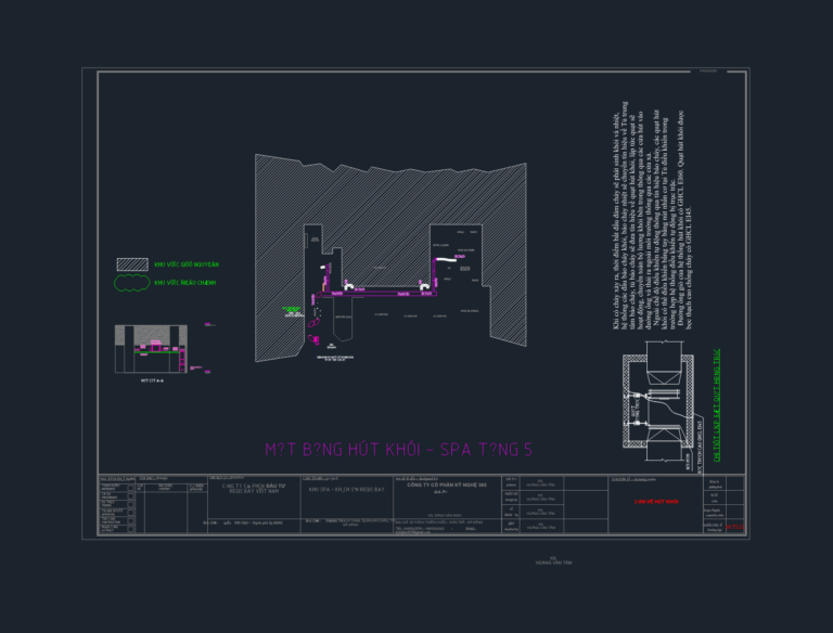 2D CAD floor plan showing smoke extraction ducting for a spa and a detailed axial fan installation section.