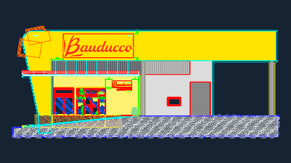 Facade elevation of a Bauducco retail store showing branded signage, yellow exterior walls, and glass storefront doors.