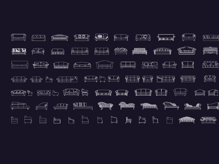White line drawings of 80 different sofa, couch, and armchair elevation blocks in a grid layout.