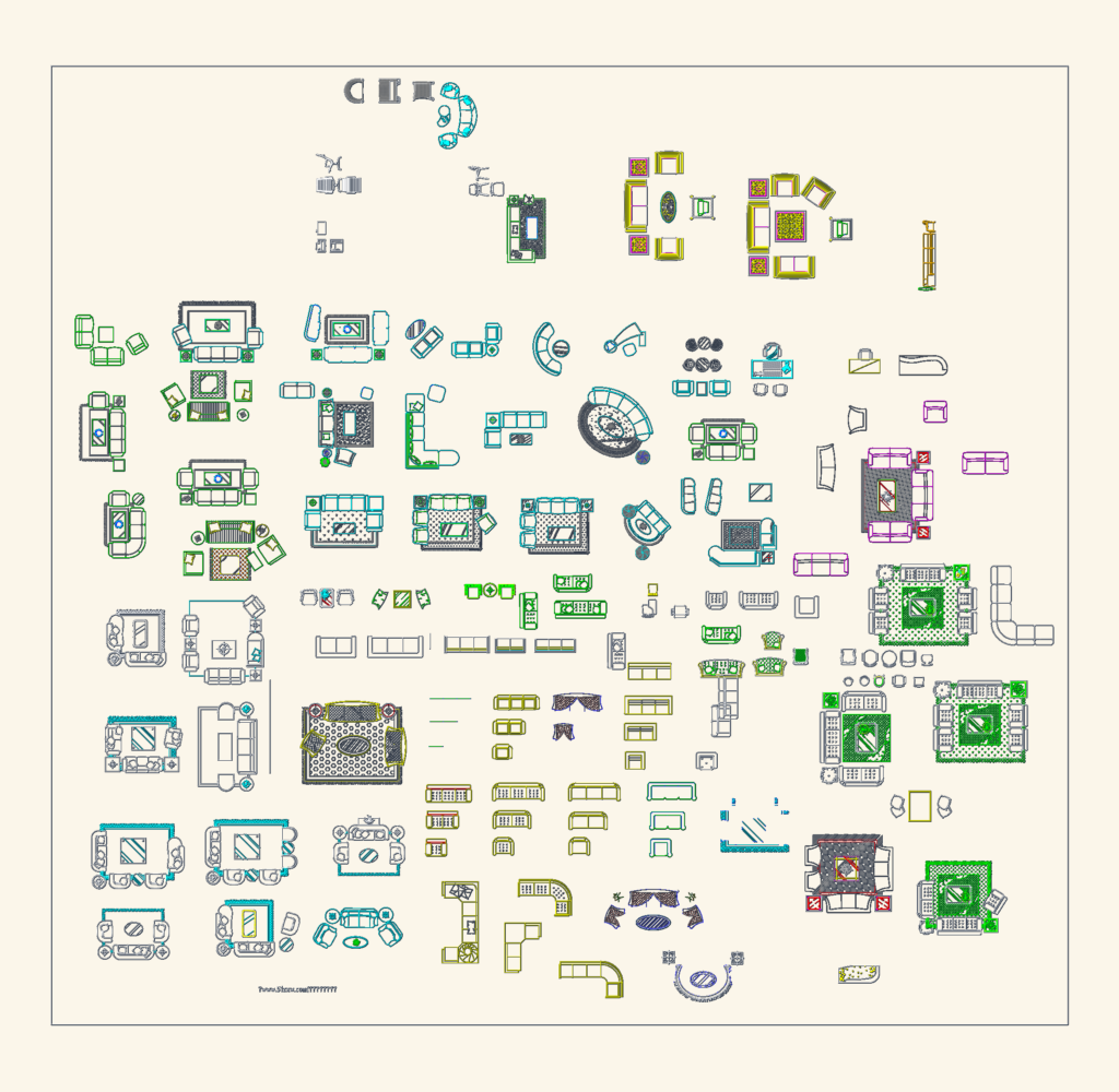 Top view CAD blocks of living room furniture layouts including sectional sofas, armchairs, rugs, and coffee tables.