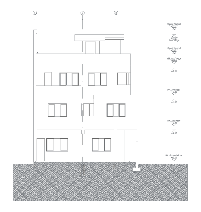 Architectural CAD elevation of a 4-story building facade showing floor levels and exterior window layouts.