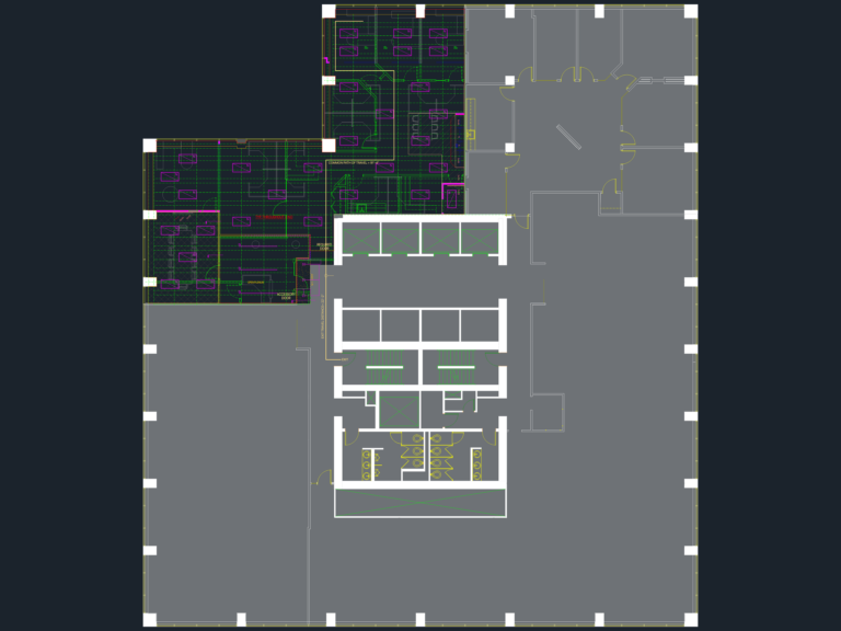 Architectural CAD floor plan of a commercial office spec suite featuring open workspace, collaboration areas, and core.