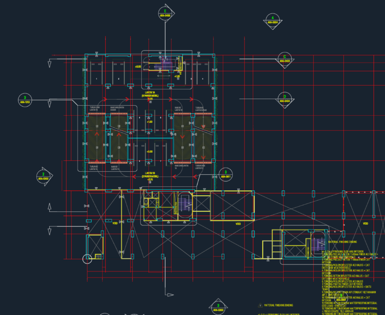 CAD floor plan of split-level parking garage showing ramps, stalls, stairwells, and material finishing legend.