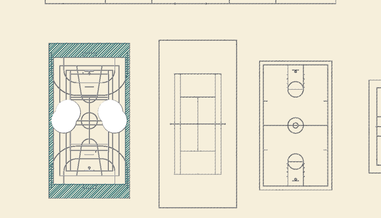 2D CAD plan views of a soccer field, tennis court, and basketball court.