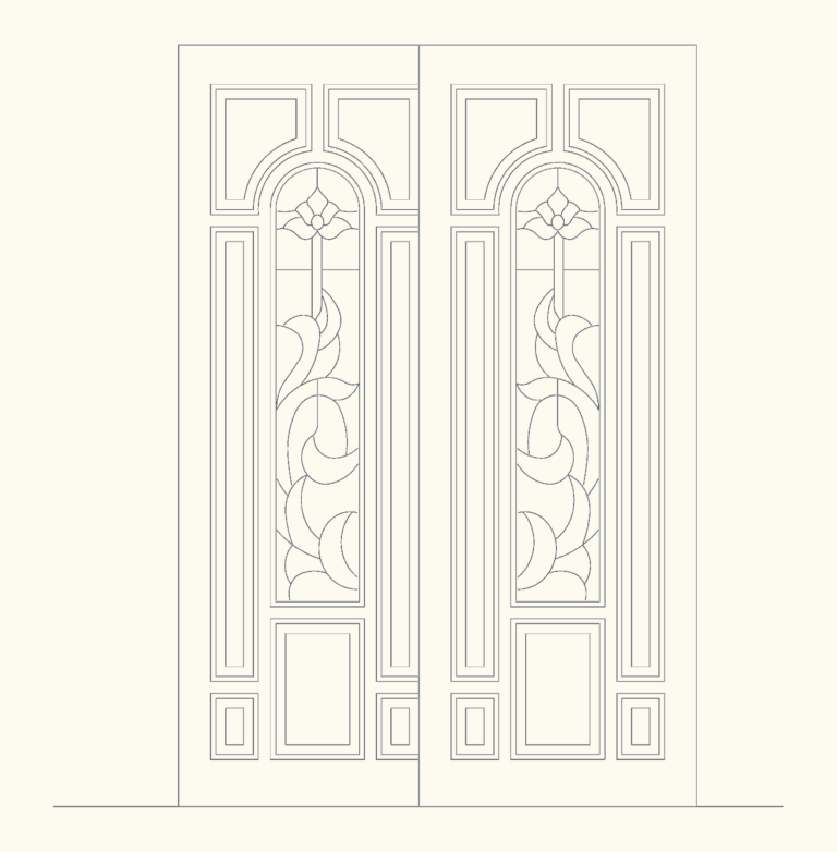 CAD elevation of a paneled double wooden door featuring arched floral stained glass inserts.