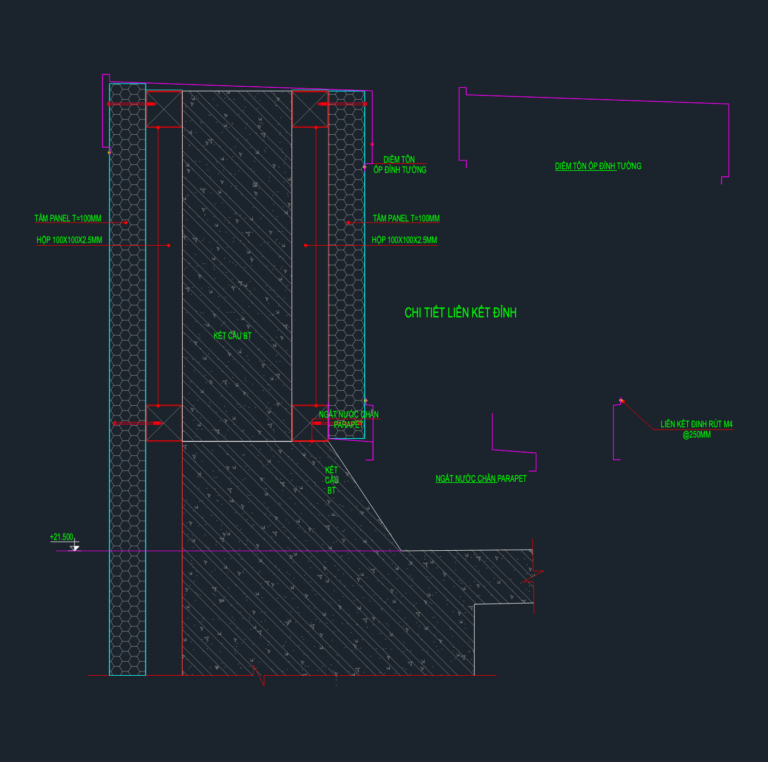 CAD drawing of a 100mm sandwich panel wall section showing steel tube framing and parapet flashing details.