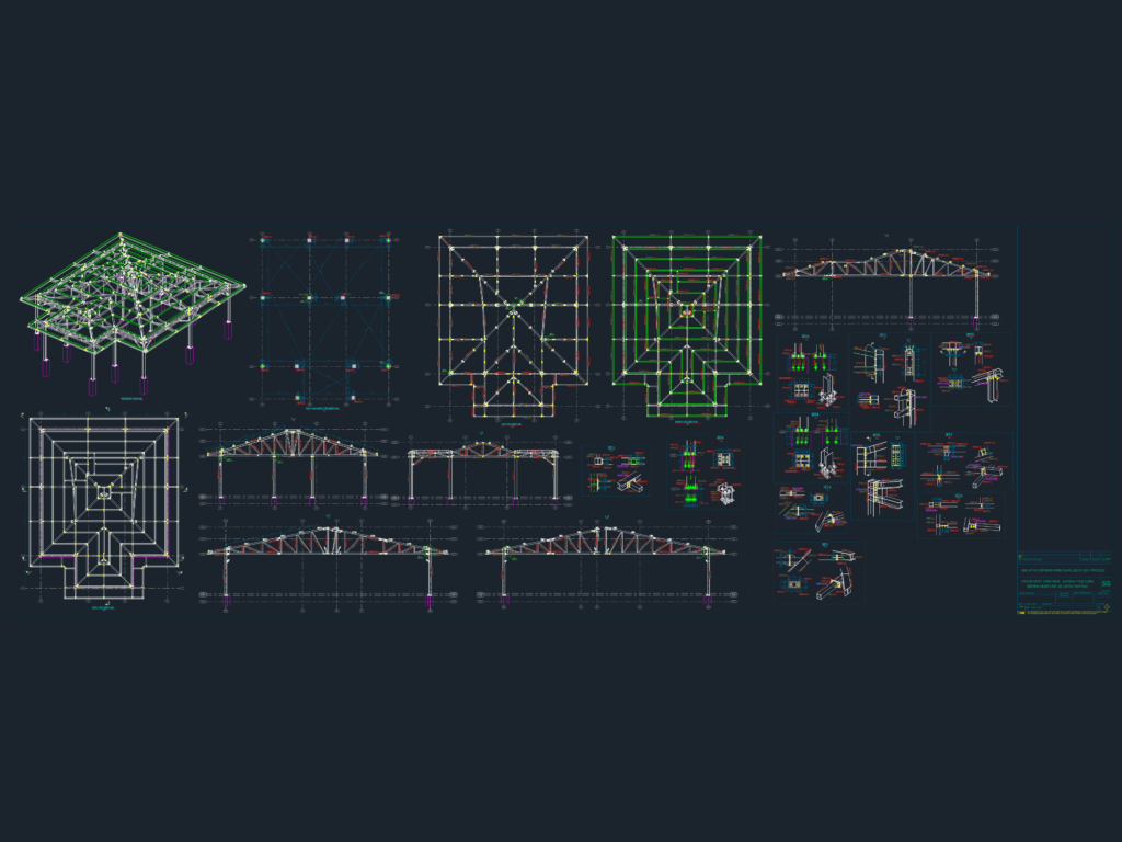 Structural CAD drawing of steel roof framing with 3D perspective, plans, truss elevations, and connection details.
