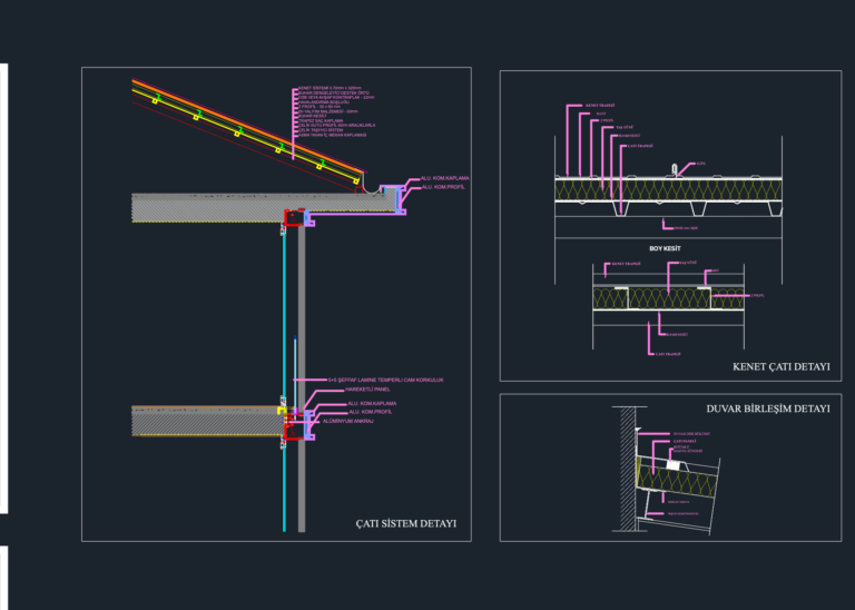 CAD drawing showing standing seam roof assembly sections with steel purlins, Z-profiles, and insulation layers.