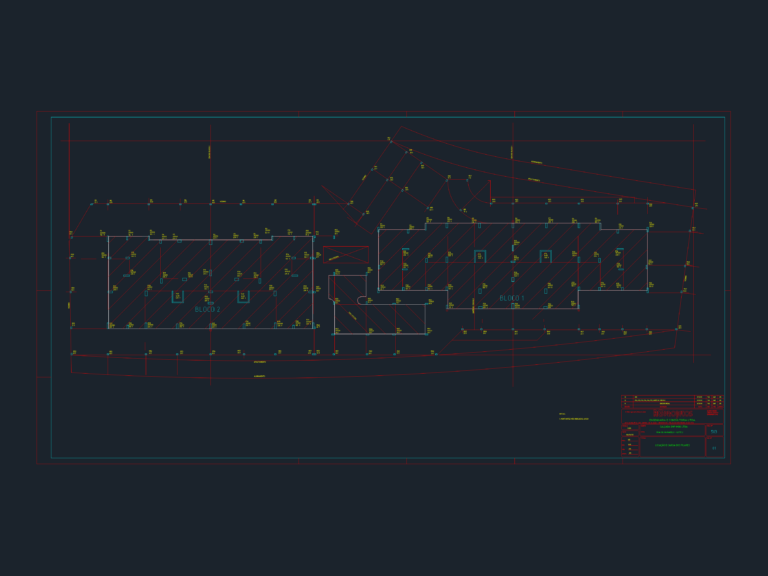 Structural CAD plan showing pillar locations, column sizes, and basement boundaries for two building blocks.