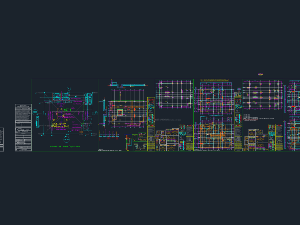 CAD layout showing basement foundation plans, column schedules, sections, and site plan for a residential concrete structure.