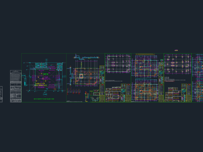 CAD layout showing basement foundation plans, column schedules, sections, and site plan for a residential concrete structure.