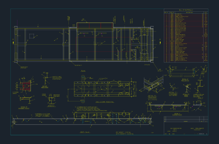 Structural CAD plan and section of an FE550-2 gas compressor steel-concrete base with bill of materials.